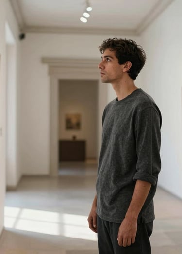 A portrait of a contemporary artist looking at their work, dressed in minimalist charcoal clothing, standing in a brightly lit gallery space in Latinoamericano / Español architecture, soft natural light, sophisticated mood.
