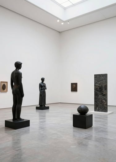 A wide shot of a bright, white-walled art gallery in a Latinoamericano / Español city. Contemporary sculptures in rich black and dark slate gray are arranged with ample negative space. Soft natural light, immaculate and sophisticated atmosphere.