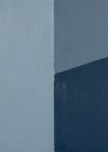 Close-up detail of a contemporary painting, focusing on the intersection of light blue grey and dark slate blue textures, soft diffused lighting, minimalist and sophisticated vibe.