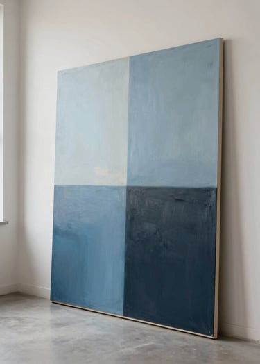 A high-end contemporary art studio in a Latinoamericano / Español setting, a massive abstract canvas leaning against a clean off-white wall, featuring gradients of pale blue and dark slate, soft morning light coming from a large industrial window, minimalist and sophisticated atmosphere.