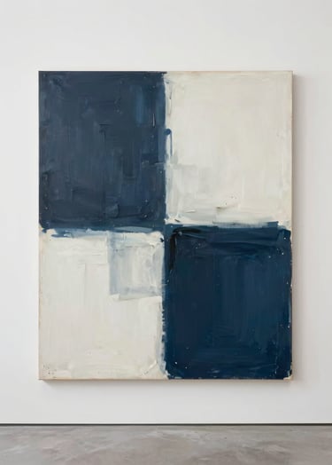 Modernist large-scale abstract painting, minimalist composition with wide brushstrokes in dark slate blue and off white, soft studio lighting in a contemporary Latinoamericano / Español art gallery setting.
