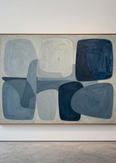 Full shot of a large minimalist oil painting with abstract organic shapes in light grayish blue and dark slate blue, hanging on an off-white gallery wall in a bright modern studio in Mexico City, Latinoamericano / Español context.