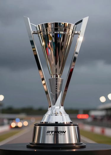 A sleek, professional shot of a motorsport trophy on a podium against a dark grey sky, with the blurred bokeh lights of a US circuit in the background, sophisticated lighting highlighting the silver and chrome surfaces.
