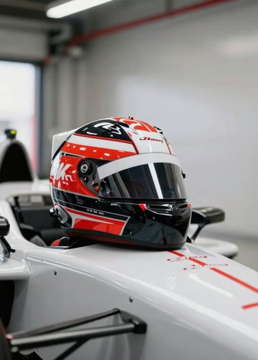 A clean, minimalist portrait of a driver's helmet resting on the sidepod of an IndyCar in a North American / US garage. The lighting is soft and professional, highlighting the rich black and racing red details of the helmet design.