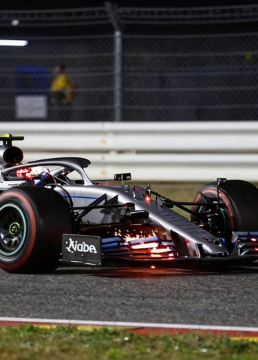 A high-speed side profile shot of a modern Formula 1 car during a night race at a North American track, motion blur on the wheels and background, vibrant red brake glow and sparks flying from the undercarriage, professional sharp focus on the cockpit, lighting using deep shadows and bright white track highlights.