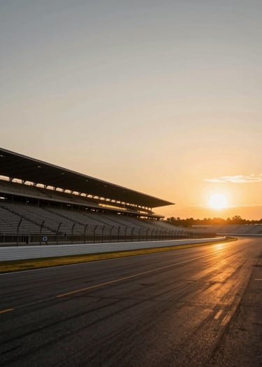 A wide-angle photography shot of a North American / US racetrack during the golden hour, showing the vast grandstands and the asphalt track reflecting the warm orange light of the setting sun, captured from a low perspective.