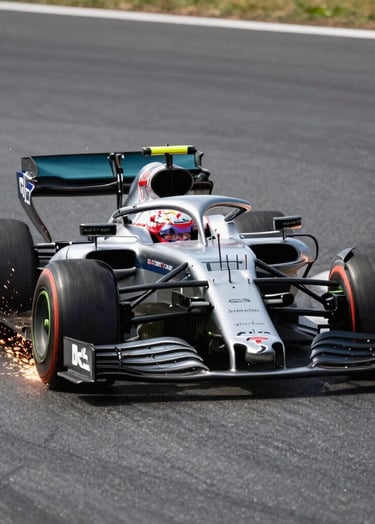 Dynamic action shot of an F1 car cornering at high speed, sparks flying from the underbody against dark gray asphalt, sharp focus on the cockpit, bright daylight.