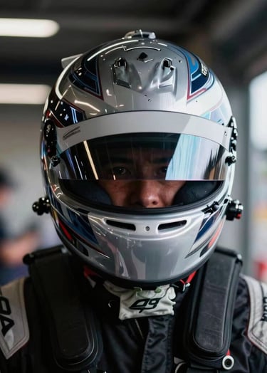 A professional portrait of a racing driver wearing a sleek racing helmet with the visor down, reflecting the bright lights of a modern US circuit paddock, high contrast lighting with deep black shadows and bright silver gray highlights.