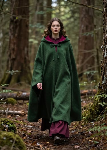 A full-length portrait of a model wearing a heavy forest green cloak with a deep magenta lining. They are walking through an old-growth Western / Global forest. The mood is mysterious and whimsical.
