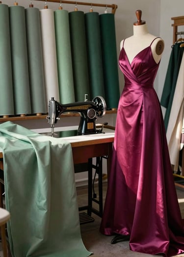 A professional designer's studio in a Western / Global setting, filled with rolls of sage green and forest green fabric. A vintage sewing machine sits on a wooden table, and sunlight illuminates a dress form draped in an enchanting dark magenta silk gown. The atmosphere is magical and whimsical.