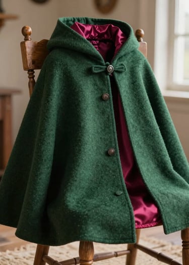 A side profile photography of a bespoke forest green wool cloak with a dark magenta silk lining. The cloak is displayed on a rustic wooden chair in a light-filled, whimsical cottage setting. The scene feels high-end and artisanal. Western / Global context.