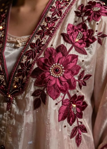A close-up photograph of a silk garment with intricate dark magenta floral embroidery and delicate beads, glowing under soft magical lighting, Western / Global setting.