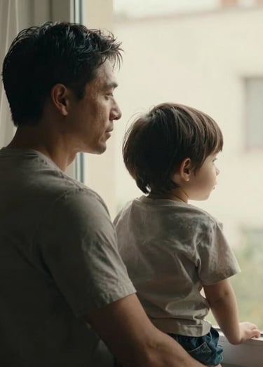 A cinematic portrait of a father and child looking out of a window. The shadows are soft charcoal and the highlights are warm cream, creating a storytelling atmosphere.