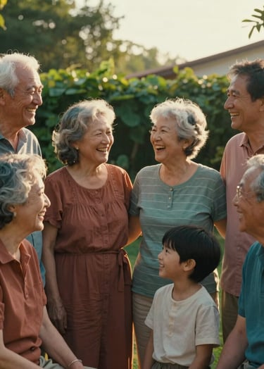 Cinematic photography of a multi-generational family laughing together in a garden during golden hour. The sunlight is soft and sun-drenched, illuminating their faces. Touches of teal green in the foliage and terracotta in their casual clothing create a warm, authentic atmosphere.