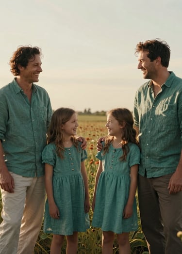 A cinematic, wide-angle shot of a family of four laughing together in a sun-drenched field at golden hour. The soft off-white light spills over them, highlighting textures of teal green linen clothing and terracotta-colored wildflowers in the background.