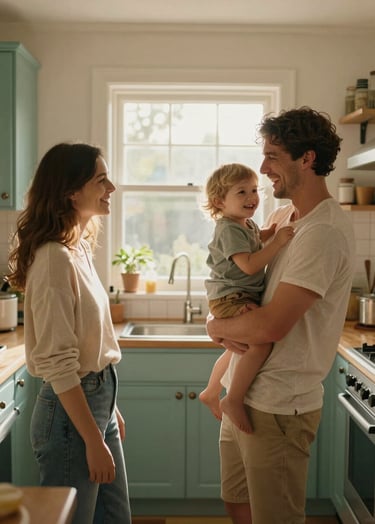 A cinematic, sun-drenched wide shot of a family in a warm kitchen. The father is laughing while holding a child, and the mother is looking on with warmth. Soft morning light in shades of cream and teal green filter through a window, highlighting the authentic connection.