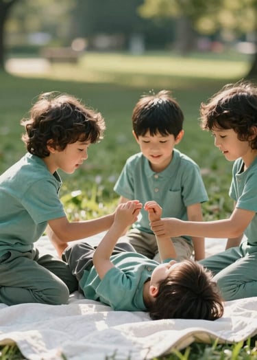 Lifestyle photography of children playing on a soft white blanket in a sun-drenched park. The kids are wearing soft teal green outfits and interacting authentically, captured in a candid, cinematic style.
