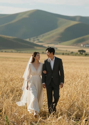 A romantic candid shot of a couple walking through a golden field, teal green distant hills, wearing soft off-white and charcoal wedding attire.