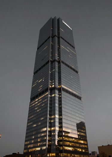A hero shot of the Lumina Tower, a modern glass skyscraper with sharp, clean lines. Photographed from a low angle at dusk. The building glows with internal warm light against a dark #2F2E2E sky. High-end architectural photography, sophisticated and confident.