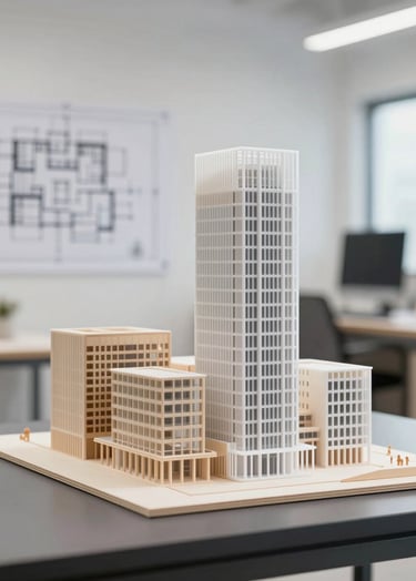 An architectural model of a contemporary office complex made from light wood and white acrylic. The model sits on a dark charcoal surface in a bright, modern studio. In the blurred background, architectural blueprints are visible on a wall. Lighting is crisp and professional.