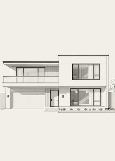 An elegant, minimalist architectural drawing showing a section of a contemporary residence. Thin, precise lines on an off-white #FBF9F6 background with charcoal #2F2E2E accents. Clean and professional.