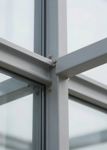 Detailed view of an architectural joint where glass meets steel, captured with high precision, highlighting the materials #2F2E2E and #FBF9F6 in a clean composition.