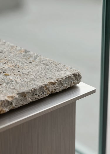 A macro shot of architectural materials used in the tower: a slab of textured #D9D2C7 stone, a sample of brushed steel, and a pane of high-performance glass. Minimalist composition with soft natural light, highlighting the quality and precision of the finishes.