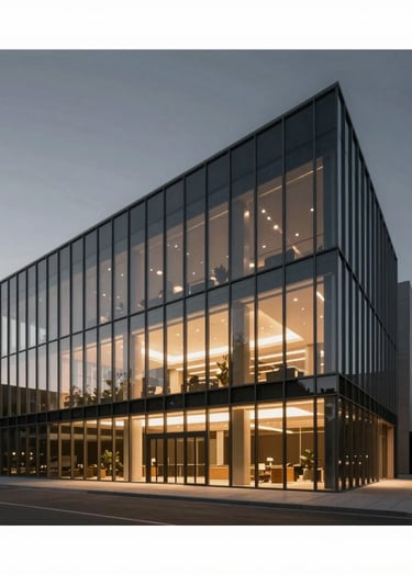 A wide-angle, dusk shot of a modern architectural structure with floor-to-ceiling glass and sharp geometric lines. The interior warm lighting contrasts with the deep #2F2E2E tones of the evening sky. Professional, elegant composition.