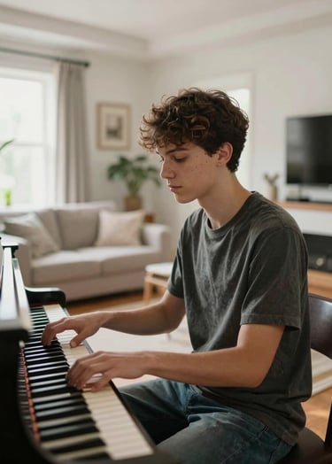 A high-quality photograph of a bright, modern North American living room where a young student sits thoughtfully at a piano, with soft natural light highlighting the elegant interior.