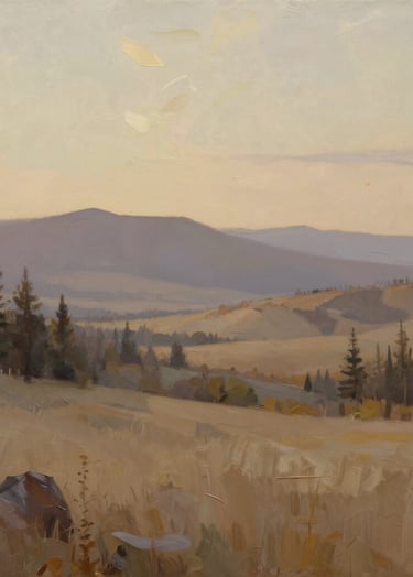 A professional-quality oil painting of a serene North American landscape at dawn, showcasing sophisticated brushwork and a soft tan and light beige color palette.