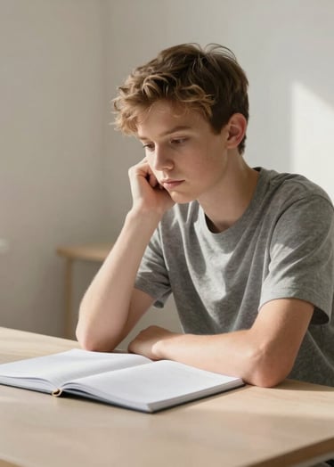 A candid photography shot of a young teenager sitting at a clean, minimalist desk in a sunlit North American room, looking thoughtfully at a notebook, surrounded by subtle academic elements, natural soft lighting, using a palette of light beige and stone grey.
