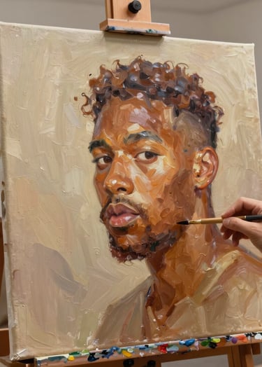 A detailed photography shot of a vibrant oil painting in progress on a canvas, showing rich textures and artistic brushwork, set in a clean North American home studio, professional lighting, using a palette of warm tan and light beige.
