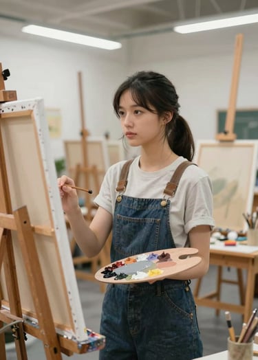 A high-quality photograph of a young artist in a bright, modern North American school art studio. She is standing by a wooden easel, holding a palette with mist grey and muted sand colored paints, looking thoughtfully at a large canvas with an authentic expression of focus and curiosity.
