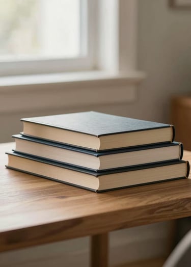 Professional lifestyle photography of a workspace in a North American home, featuring a clean wooden desk, a stack of hardcover books, and soft natural light from a window, muted beige tones.