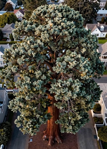 Majestic aerial drone photography of a massive Giant Sequoia towering over Victorian-style residential houses in Eugene, Oregon. The tree's crown fills the frame, with soft morning light illuminating the sage green and dark emerald foliage.