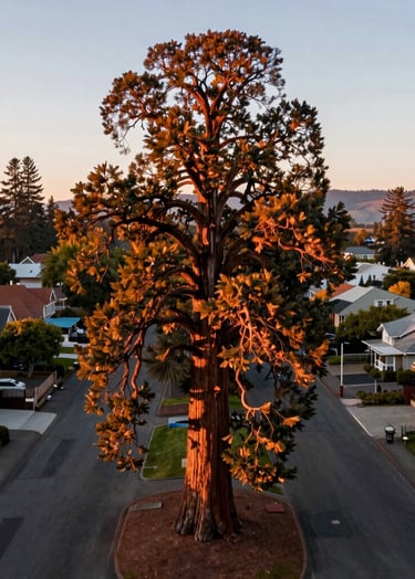 A professional aerial photograph of a giant sequoia in the South Hills of Eugene, Oregon at sunset. The tree's foliage is illuminated in warm copper tones, standing tall above a quiet residential street. US Pacific Northwest setting.