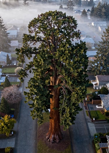 A majestic aerial photograph looking straight down on a massive Giant Sequoia tree standing tall within a residential Eugene neighborhood. The deep obsidian green needles contrast with the frosted white paved streets. Morning mist rolls through the US Pacific Northwest trees.