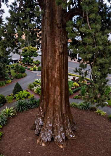 A professional drone photograph focusing on the massive trunk and base of a giant sequoia tree as it emerges from an urban garden in Eugene, Oregon. The composition uses a low aerial angle to emphasize grandeur and scale.