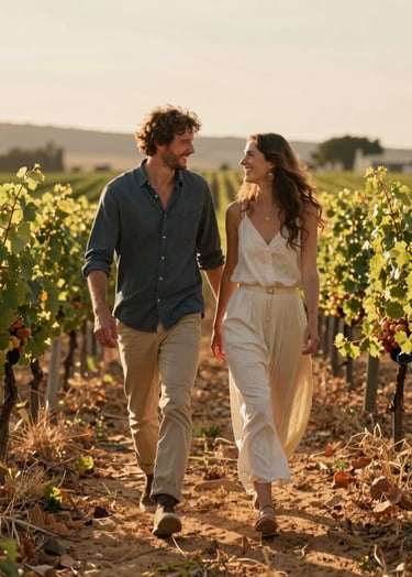 Cinematic shot of a couple walking through a French vineyard at golden hour, warm sunlight, authentic laughter, soft sand and terracotta tones, professional lifestyle photography.