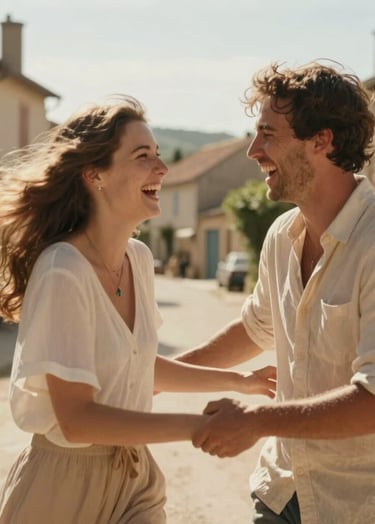 A candid shot of a couple laughing together, motion blur suggesting a spontaneous moment. Baigné de soleil outdoors in a French village. The composition is dynamic and cinematic, featuring warm beige and soft sand tones.