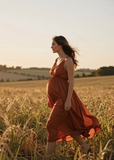 Photography of a pregnant woman in a flowing terracotta dress walking through a sun-drenched field in the French countryside. The light is warm and cinematic, catching the golden hour glow. Natural, authentic style with a soft focus on the landscape.