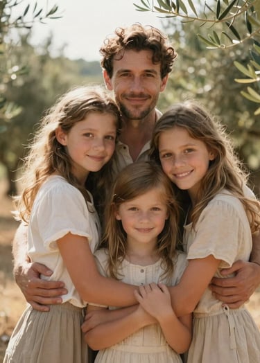 Portrait of a family embracing in a sun-lit olive grove in France, natural light, cinematic depth of field, warm and friendly atmosphere, soft beige and muted gold colors.
