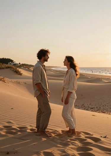 A cinematic lifestyle photograph of a couple standing on a sand dune at sunset. The lighting is warm and golden, highlighting the textures of their linen clothing. European / French coastal setting with a soft sand and terracotta color palette. Natural, authentic interaction, wide angle composition.