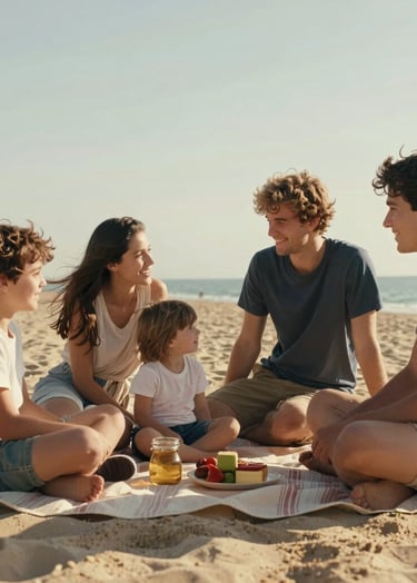 Photography of a young family sitting on a sand-colored blanket during a picnic. They are interacting naturally, bathed in warm sunlight. Authentic smiles, cinematic style, European / French aesthetic.