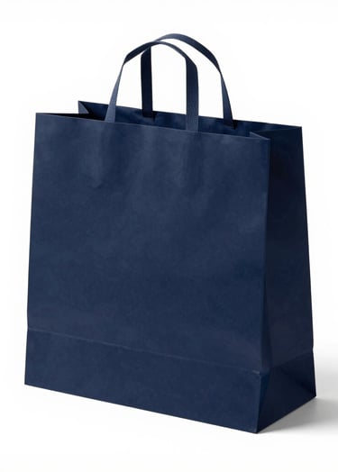 A minimalist shopping bag made of heavy-duty navy #0A1118 paper with woven handles. The brand logo is screen-printed in a subtle #8D9FB5. Placed in a bright, modern studio setting with clean shadows. Illustrating high-end packaging expertise.