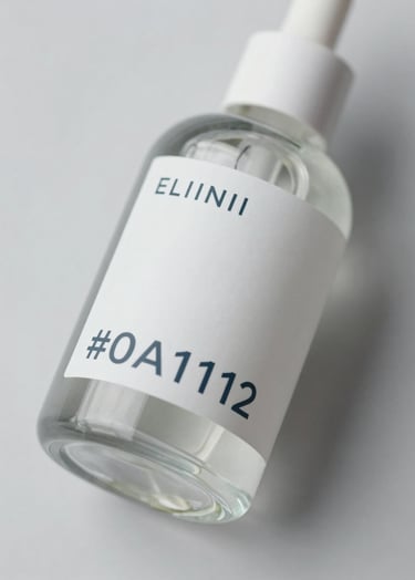A close-up, high-angle shot of a minimalist skincare glass bottle. The label features clean, modern typography in #0A1118 on a soft matte paper. The liquid inside is clear. Lighting is soft and diffused, highlighting the craftsmanship of the glass. The background is a clean, neutral #ECF0F1 surface.