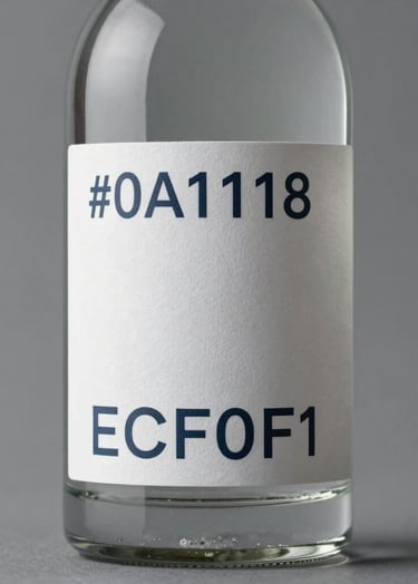 A studio product shot of a high-end glass bottle with a minimalist label design. The label uses #0A1118 text on #ECF0F1 paper. The lighting is crisp and professional, highlighting the meticulous craftsmanship of the bottle's silhouette and the label's texture.