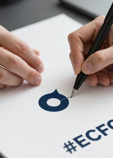 A close-up photograph of a professional graphic designer sketching minimalist logo concepts on high-quality white grid paper using a black technical pen. The scene uses soft studio lighting and incorporates the brand colors #0A1118 and #ECF0F1 in the tools and paper, reflecting meticulous craftsmanship.