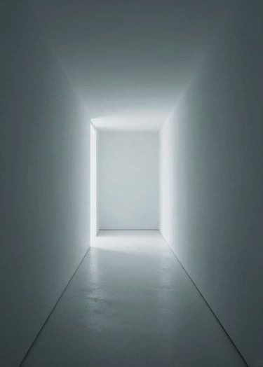 A long-exposure photograph of a minimalist hallway. The walls are a smooth Dusty Slate, and the light at the end is a soft Ice White glow, creating a premium, ethereal feel.