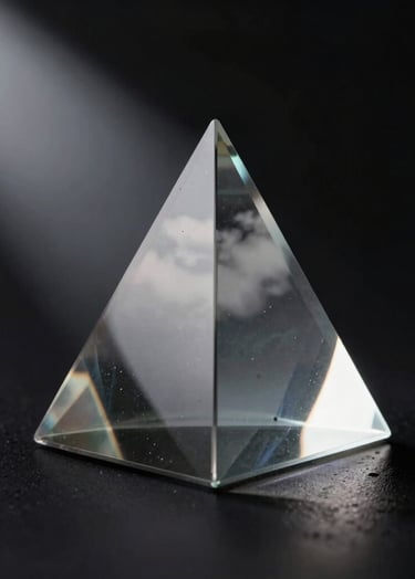 A minimalist macro photograph of a glass prism catching a beam of soft cloud white light, casting subtle muted steel reflections against a deep obsidian backdrop. The lighting is sharp and architectural.